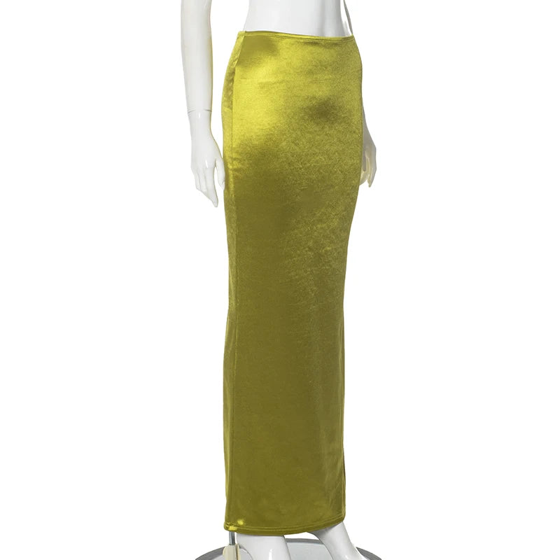 CUTENOVA Stain Long Solid Color Skirt Elegant High Waist Side Split Maxi Skirts Party Sexy Clothes for Women Autumn 2024