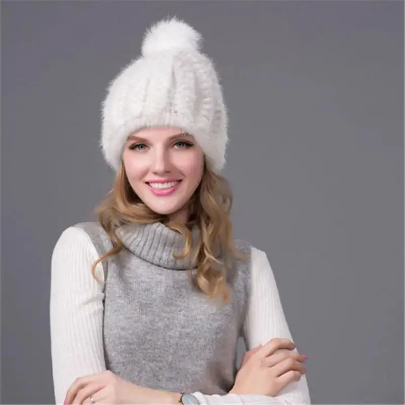 2024 New Genuine Mink Fur Hat Fashion Winter Warm Ball Caps With Copious Female Beanie Knit Cap and Liner 6 Colors BZ-11