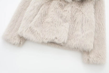 TRAFZA Female Vintage Artificial Fur Effect Coats Lapel Warm Plush Long Sleeves Hidden Buttons Autumn Winter Casual Outerwear