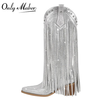 Onlymaker Women Sliver Rhinestone Fringe Knee High Western Boots Big Size Block Heel Pull-On Cowgirl Boots