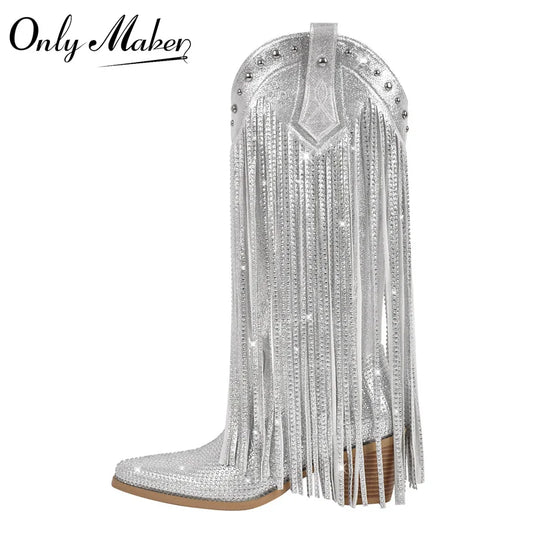 Onlymaker Women Sliver Rhinestone Fringe Knee High Western Boots Big Size Block Heel Pull-On Cowgirl Boots