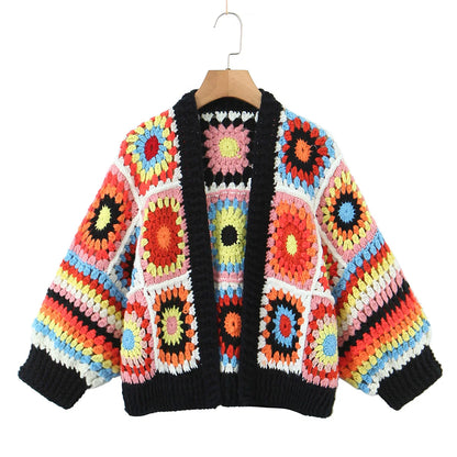 BOHO Geometric Plaid Hand Made Crochet Cardigan Woman V neck Long sleeve Sweater Open Stitching Knitwear Jumper Holiday
