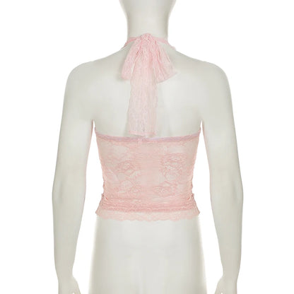 Cuteandpsycho Sexy Lace Patchwork Y2K Camisoles Backless Transparent Slim Outfits Party 90s Vintage Clubwear Halter Neck Tops