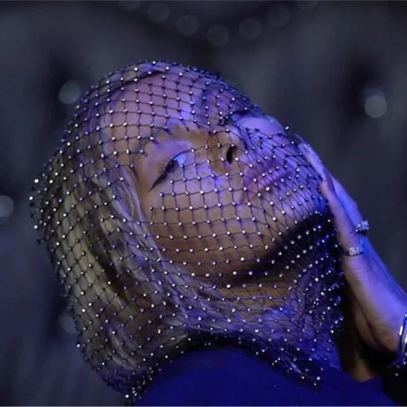 Women Balaclava Elastic Rhinestone Turban Ladies Shining Fishnet Headhood Club Rave Party Head Mask Diamond Headwrap Headcover