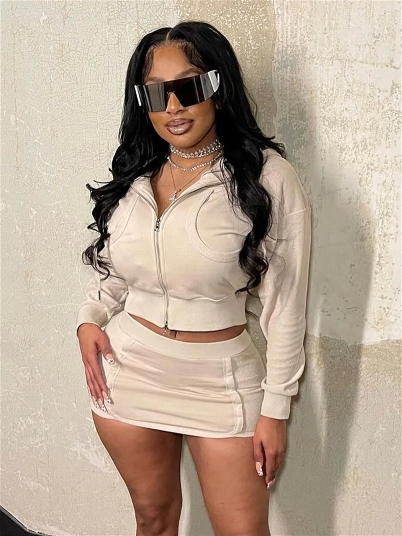 HLJ Spring New Casual 2 Piece Sets Woman Outfit Solid Zip Drawstring Crop Jacket and Bodycon Skirts Female Streetwear Clothing