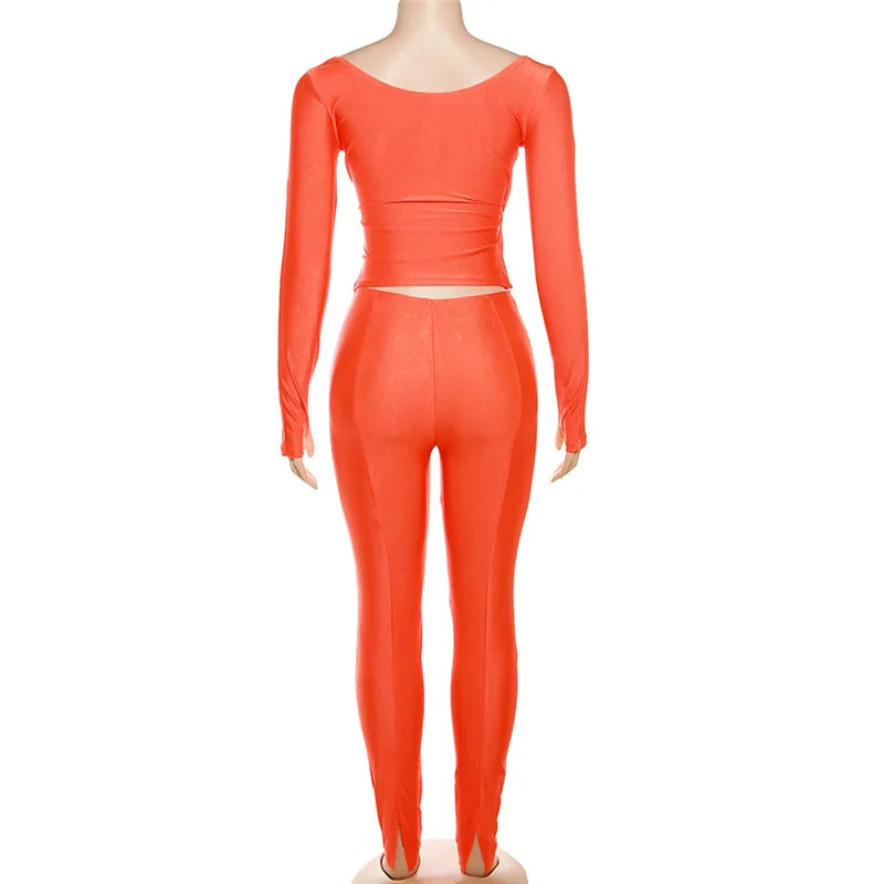 Simenual Casual Skinny Women Two Piece Set Sexy Deep V Crop Tops High Waist Pants Cyber Y2K Outfits Slim Co Ord Suits Streetwear