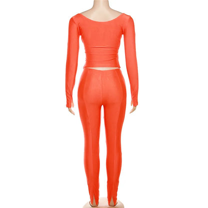Simenual Casual Skinny Women Two Piece Set Sexy Deep V Crop Tops High Waist Pants Cyber Y2K Outfits Slim Co Ord Suits Streetwear