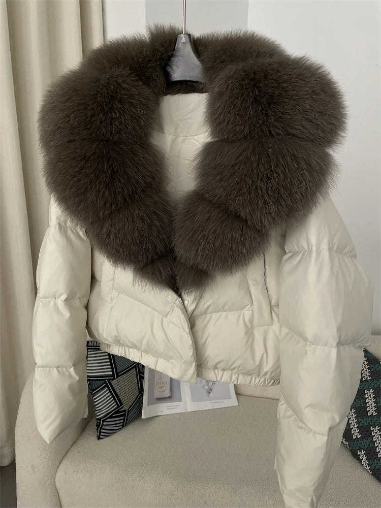 OFTBUY 2025 Big Natural Real Fox Fur Coat Women Autumn Winter Female 90% White Duck Down Jacket Feather Short  Coat Thick Warm
