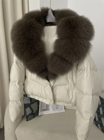 OFTBUY 2025 Big Natural Real Fox Fur Coat Women Autumn Winter Female 90% White Duck Down Jacket Feather Short  Coat Thick Warm