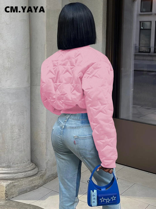 CM.YAYA Women Long Sleeve Star Zipper Fly Baseball Style Parkas Jackets 2023 Autumn Winter Keep Warm Outcoats Jacket