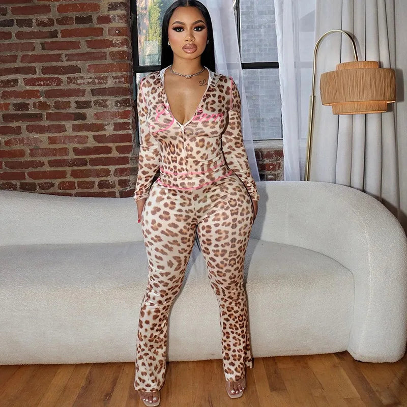 FAGADOER Sexy Leopard Print 2 Piece Sets Women Outfit Long Sleeve Zipper Hooded Crop Jacket + Flare Pants Suits Female Clothing