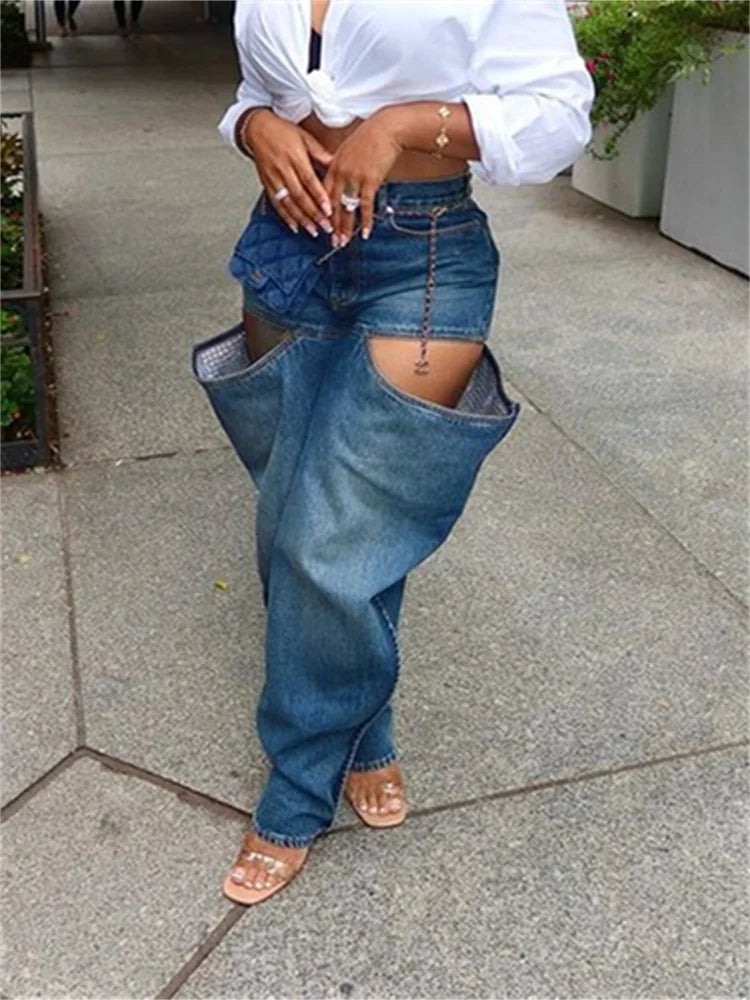 Simenual Fashion Streetwear Bottoms Punk Grunge Blue Hollow Out Loose Denim Pants Casual Y2K Rave Zip Cargo Trousers Indie Jeans