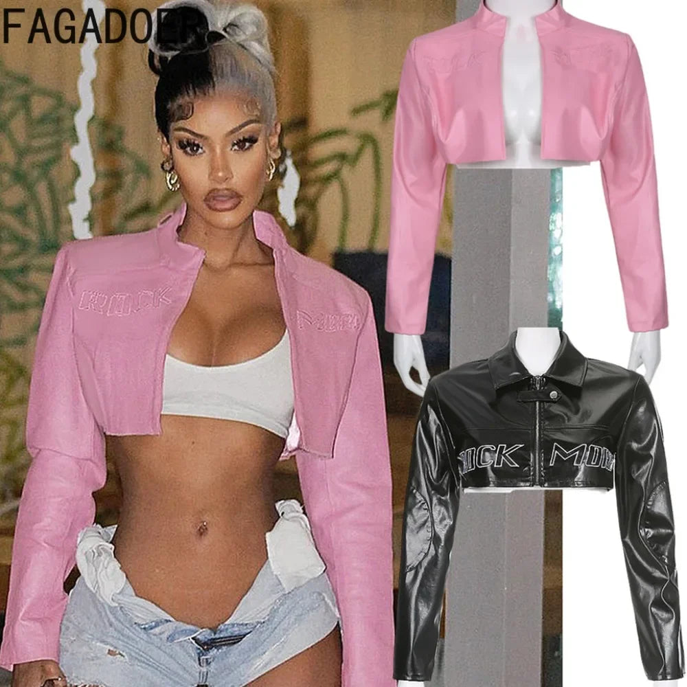 FAGADOER Y2k Punk Gothic Leather Jacket Women Cropped Lapel Letter Embroidery Moto Jackets Coat Short Female Streetwear New