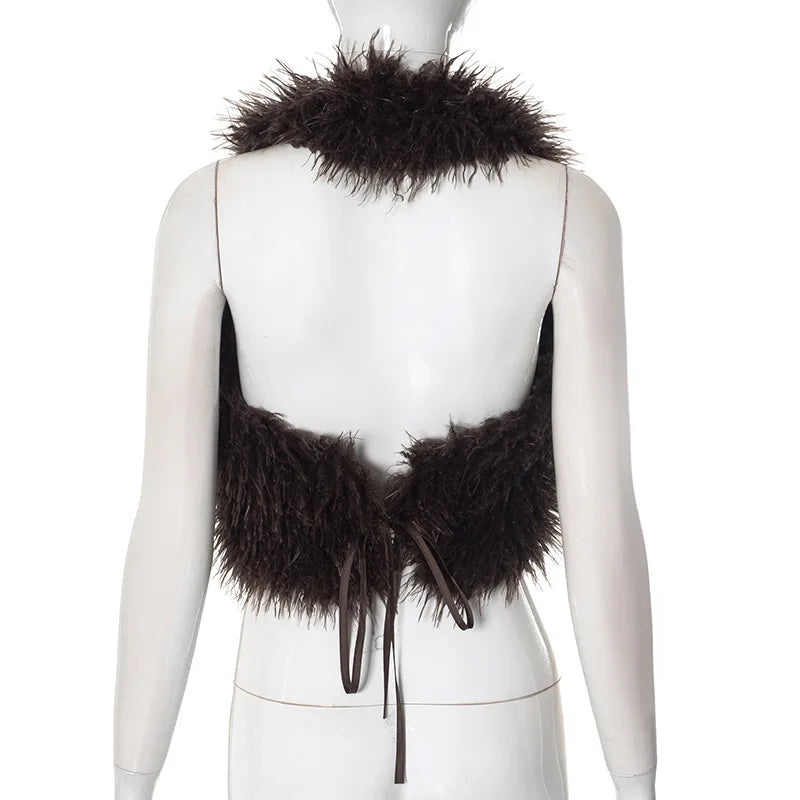 Joskaa Sexy Faux Fur Waistcoat Women Furry Backless Bandage Halter Crop Vests Coat 2025 Fashion Warm Outerwear Y2K Streetwear