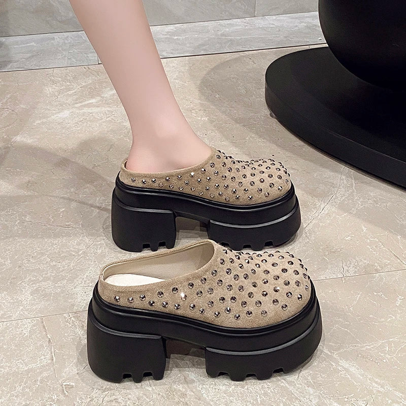 10CM New Rivet Platform Women Slippers Fashion Chunky High Heeled Sandals Comfort Roma Style Round Toe Slide Mule Shoes Summer