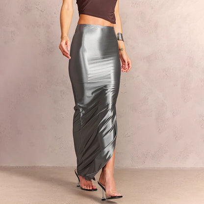CUTENOVA Stain Long Solid Color Skirt Elegant High Waist Side Split Maxi Skirts Party Sexy Clothes for Women Autumn 2024