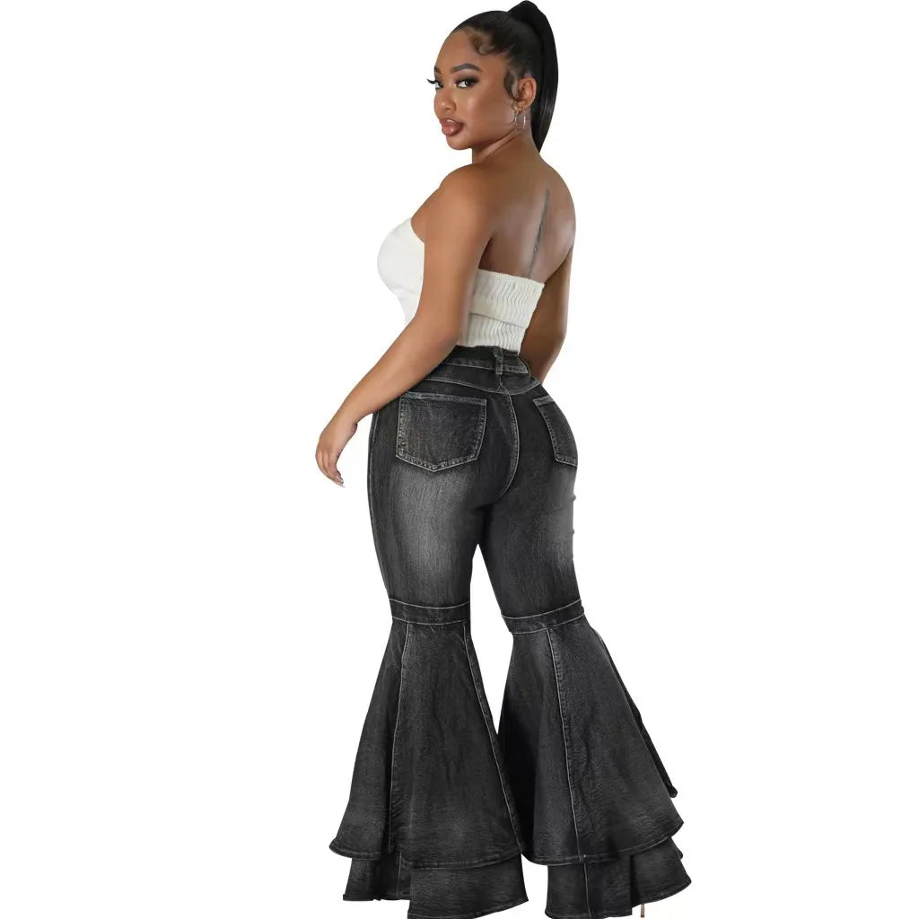 Fashion Versatile Wide Leg Washed Denim Stretch Flared Pants Women
