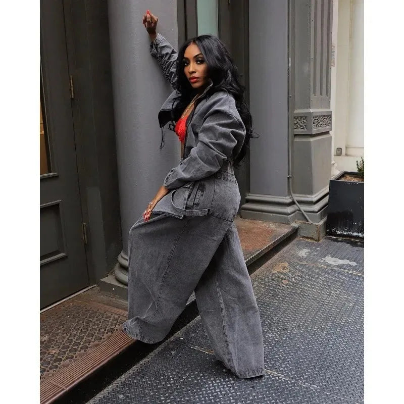 Casual Loose Denim Two Piece Set for Women Streetwear 2023 Autumn Zipper High Collar Crop Top Elastic Waist Wide Leg Cargo Pants