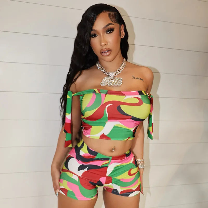 Joskaa Colorful Print Beach Style 2 Piece Sets Women Swimsuit Sexy Tube Tops and Shorts Matching 2025 Summer Bathing Suit