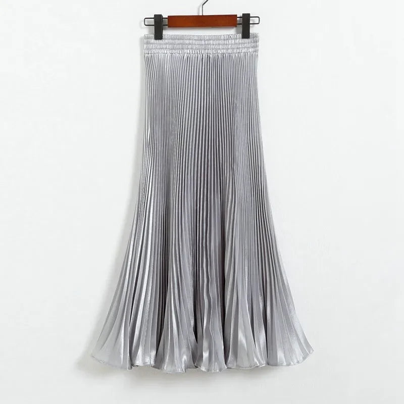 Women's Fashion Pleated Mermaid Long Skirt Korean Style Casual High Waist Satin Flowy Skirts Shiny 19 Colors 2024 Spring SK500