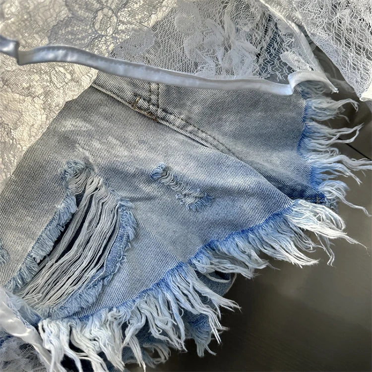 Ruffle Leaf Edge Irregular Curtain Skirt Sweet A Line Skirt Lace Splicing Denim Shorts Street Hipster Denim Shorts Women