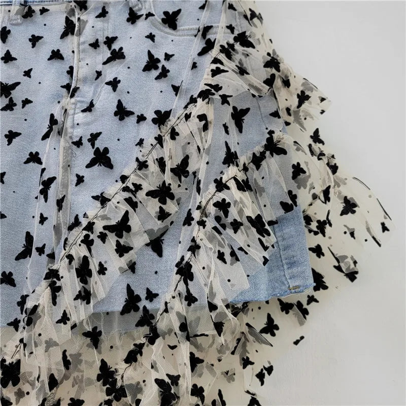 American Fashion Irregular Mesh Embroidery Butterfly Skirt Splicing Denim Elastic A Line Short Skirt Women Clothing 2025 New