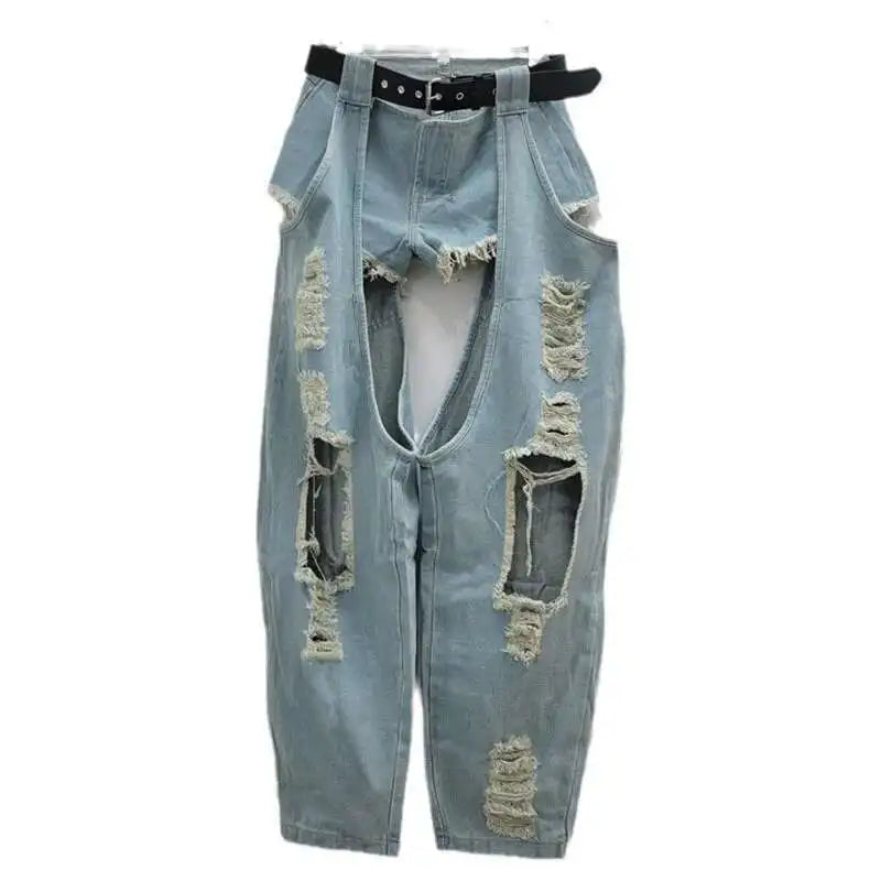 DEAT Fashion Women's Worn-out Hole Belt Denim Pants Splicing Low Waisted Shorts Two-piece Set Female 2024 Autumn New 11A01141