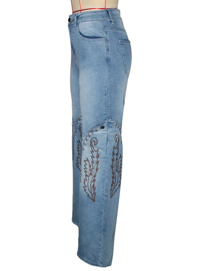 2025 Summer Fashion Woman Vintage Embroidery Denim Trousers Casual High Waist Straight Leg Jeans Women Street Clothes Jean Pants