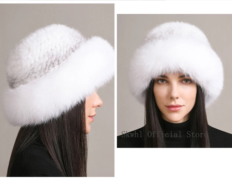 New Genuine Real Natural Knitted Mink Fur Hat Cap Luxury Women Handmade Knit Fashion Winter Headwear Warm Real Fox Fur Beanies