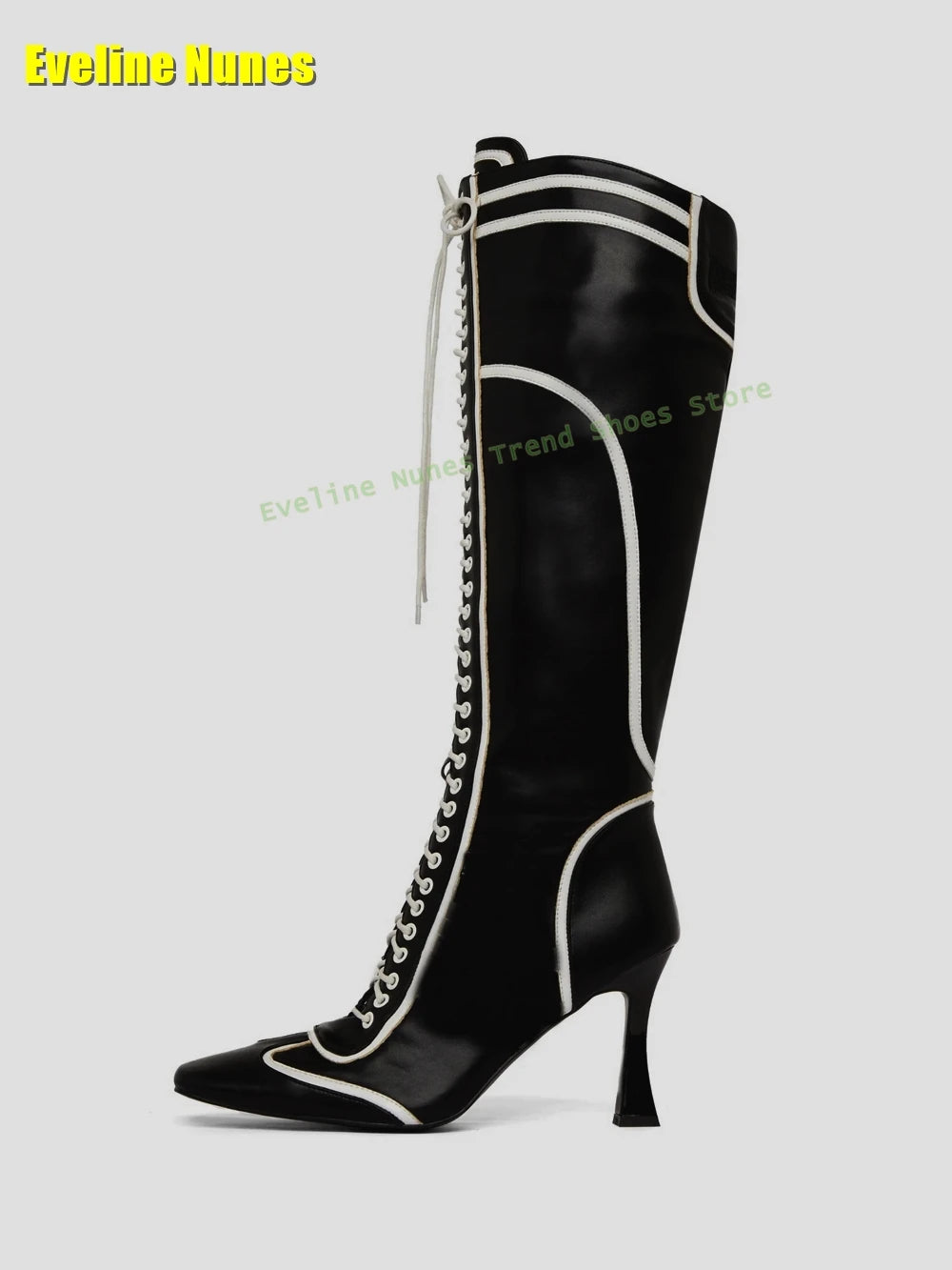 Cross Tied Patchwork Fashion Boots Pointed Toe Thin Heels Lace Up Black and White Spicy Girl Knee High Boots 2025 Street Style