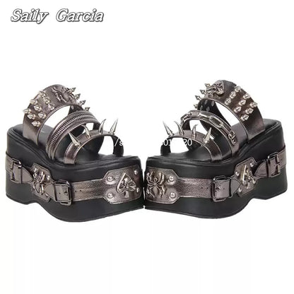 Punk Style Metal Rivet Thick Sole 10CM Heel Slippers Open Toe Size 34-47 Original Customization Y2K Slides Silver Hollow Sandals