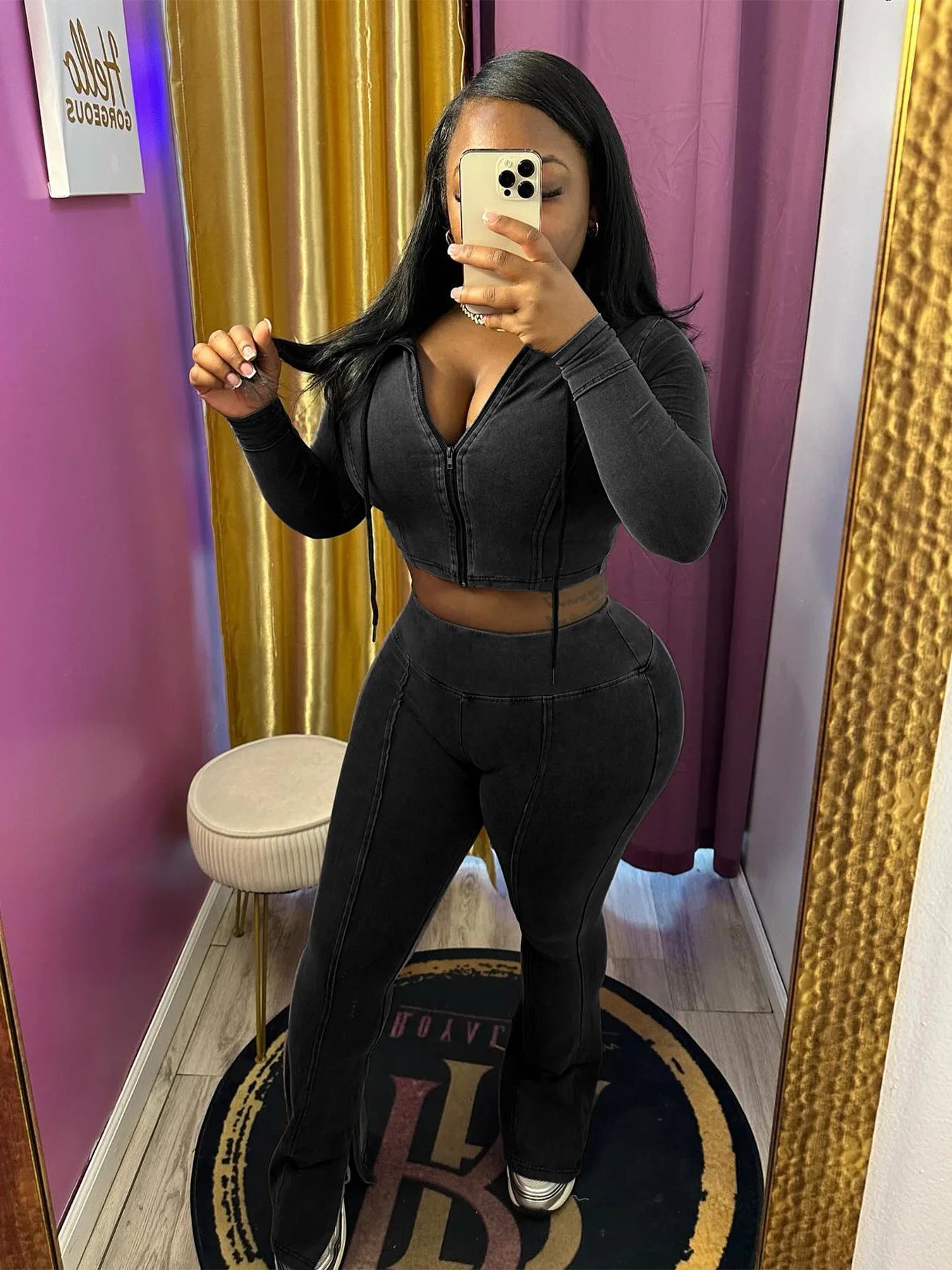 Weird Puss Distressed Women Two Piece Set Tracksuit Zip Hooded Jacket+Waistband Flare Pants Streetwear Matching Stripe Outfits