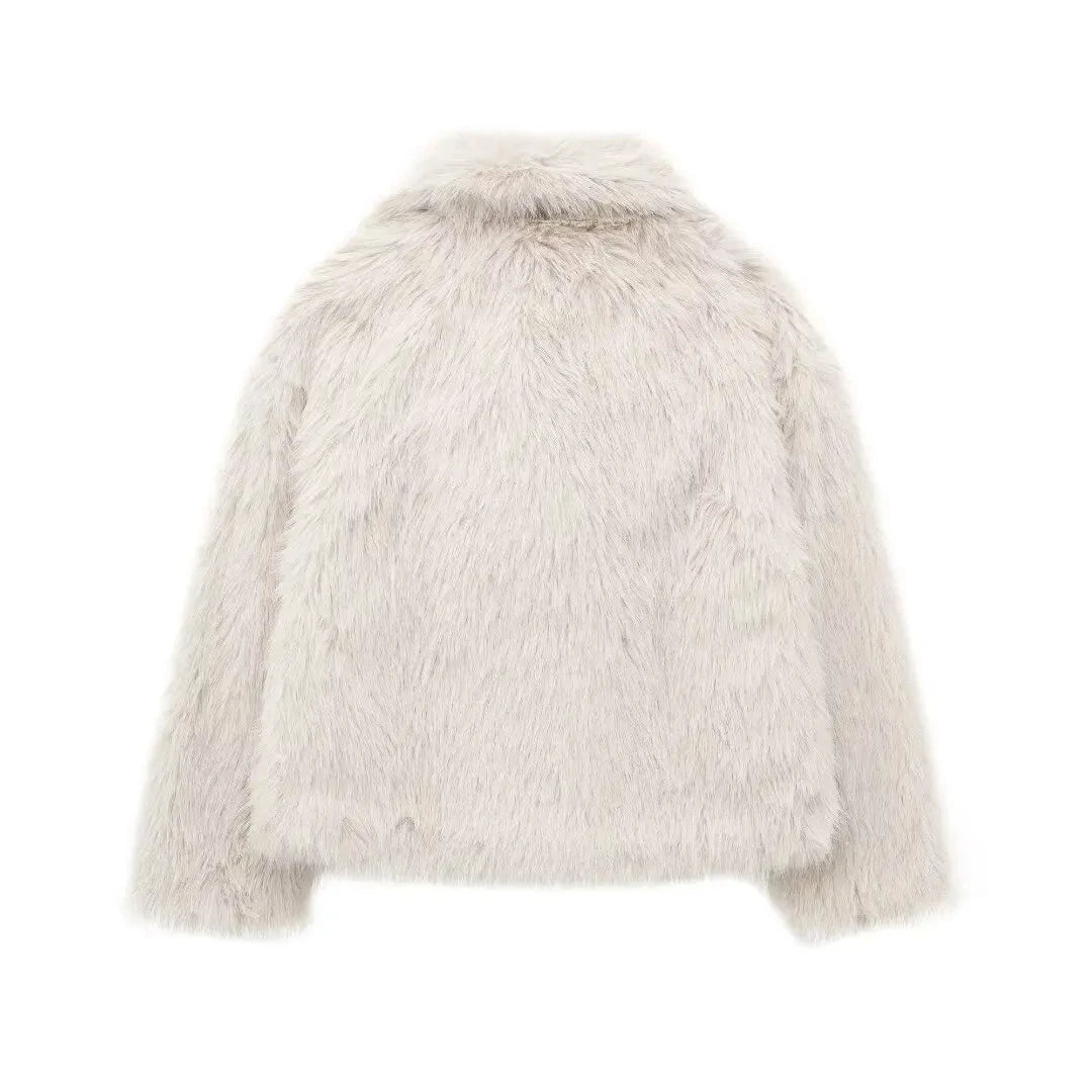 TRAFZA Female Vintage Artificial Fur Effect Coats Lapel Warm Plush Long Sleeves Hidden Buttons Autumn Winter Casual Outerwear