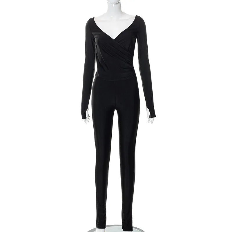 Fashion Women's Two Piece Set Autumn/winter 2025 New Solid Sexy Cross V-Neck Set Long Sleeve Pants Casual Set