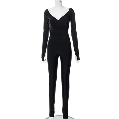 Fashion Women's Two Piece Set Autumn/winter 2025 New Solid Sexy Cross V-Neck Set Long Sleeve Pants Casual Set