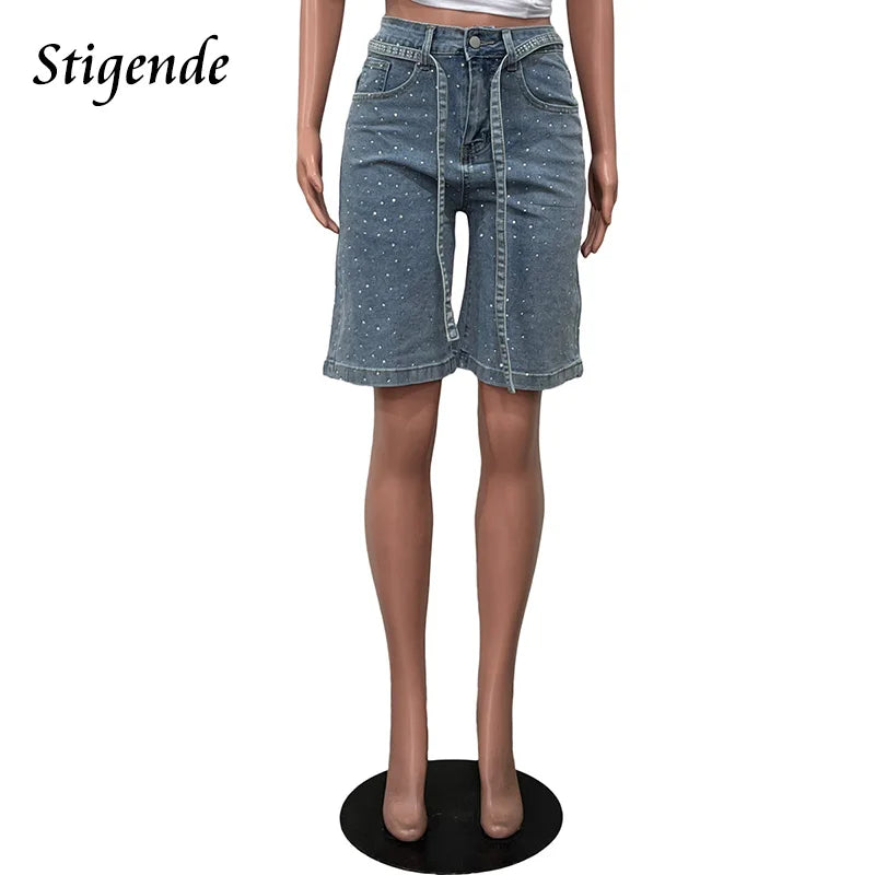 Stigende Women Sexy Rhinestone Denim Shorts with Belt Wide Leg Sequin Short Jeans