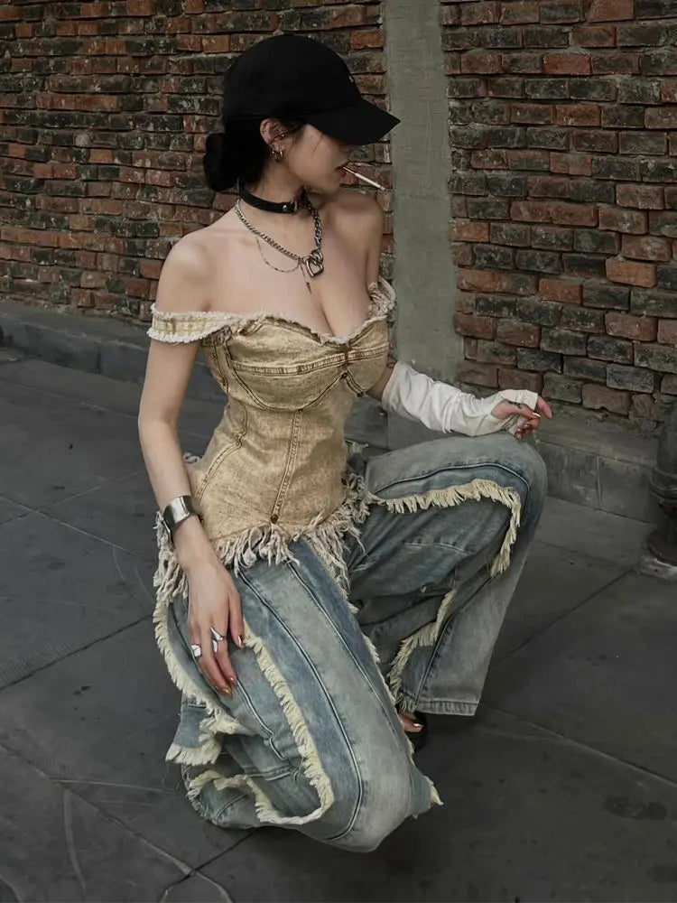 Vintage Women Washed Y2K Baggy Japanese 2000s Denim Trouser Casual Tassels Pants Female Street Trashy Retro High Waist Jeans