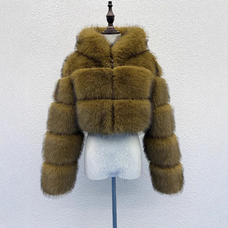 S-6XL Women Coat Autumn Winter Short Hooded Faux Fox Fur Coat Thick Warm Outerwear Fake Fur Woman Jackets Ladies Furry Coats