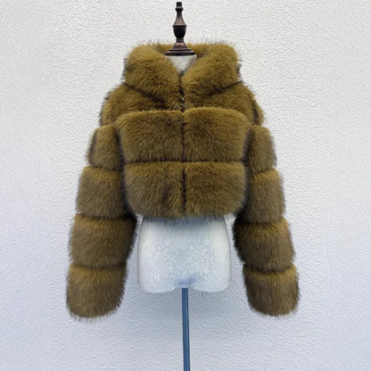 S-6XL Women Coat Autumn Winter Short Hooded Faux Fox Fur Coat Thick Warm Outerwear Fake Fur Woman Jackets Ladies Furry Coats