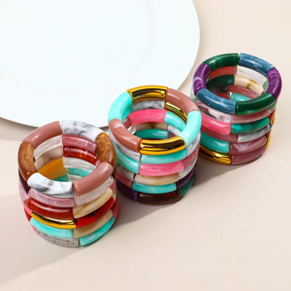 FishSheep Trendy Acrylic Stacked Bamboo Beads Bangles Bracelets for Women Bohemian Resin Elastic Beaded Bracelets Set Jewelry