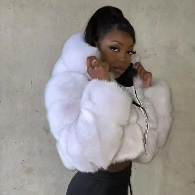 S-6XL Women Coat Autumn Winter Short Hooded Faux Fox Fur Coat Thick Warm Outerwear Fake Fur Woman Jackets Ladies Furry Coats