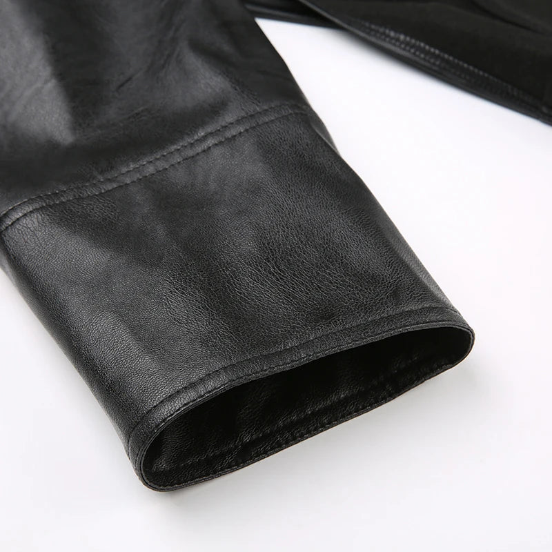 BIIKPIIK Fashion Streetwear Leather Jacket Punk Gothic Black Hooded Coat For Women Full Sleeve All-match Hot Outfit Club Vintage