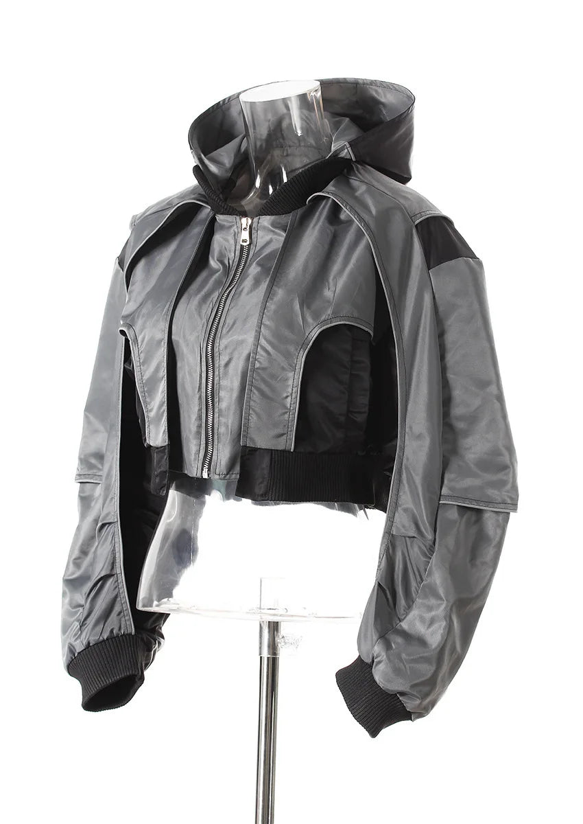 DEAT Fashion Women's Jackets Hooded Zipper Short Contrast Color Drawstring Deconstruction Coat Autumn 2025 New Tide 7AB4742