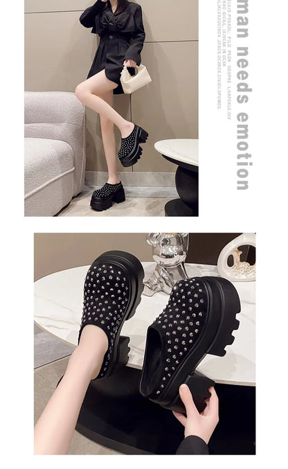 10CM New Rivet Platform Women Slippers Fashion Chunky High Heeled Sandals Comfort Roma Style Round Toe Slide Mule Shoes Summer