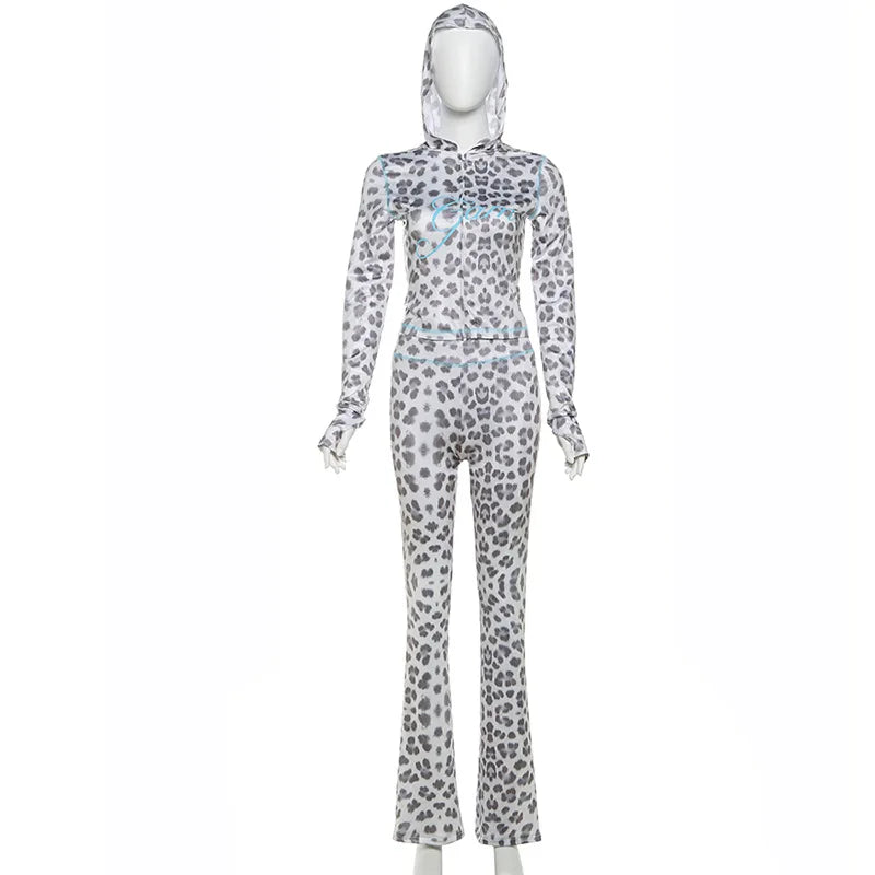 FAGADOER Sexy Leopard Print 2 Piece Sets Women Outfit Long Sleeve Zipper Hooded Crop Jacket + Flare Pants Suits Female Clothing
