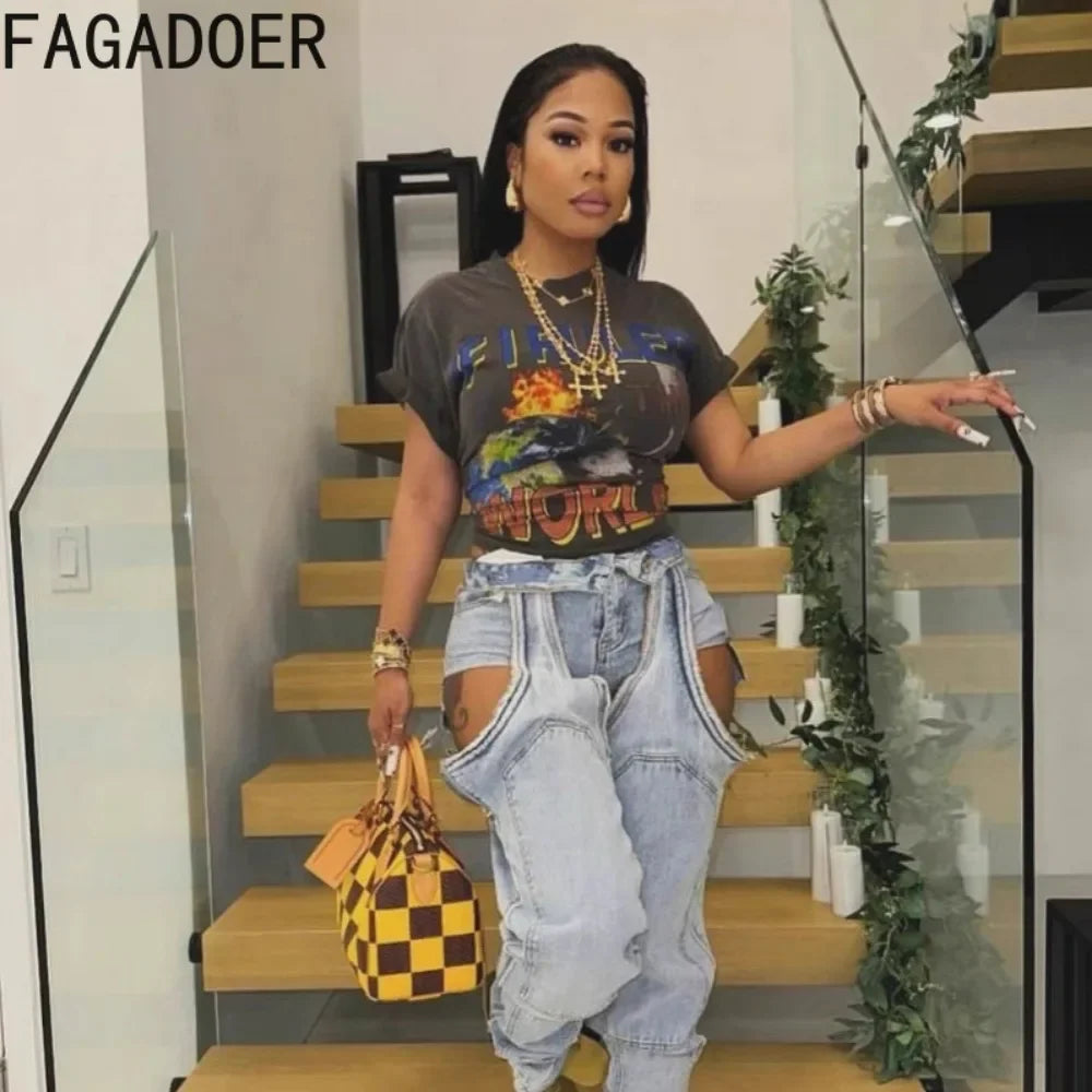 FAGADOER Hollow Out Sexy Denim Pants Women Irregular High Waist Cargo Patchwork Elasticity Jeans Hot Girl Y2k Streetwear Bottoms