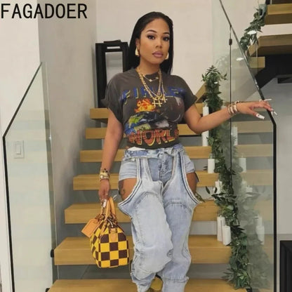 FAGADOER Hollow Out Sexy Denim Pants Women Irregular High Waist Cargo Patchwork Elasticity Jeans Hot Girl Y2k Streetwear Bottoms