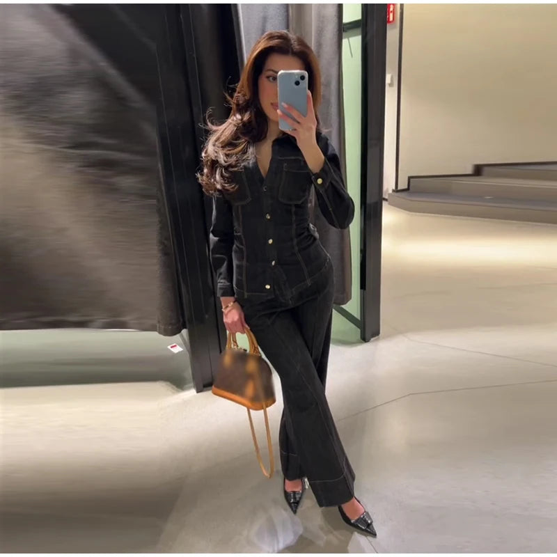 Street Vintage Denim Pants Sets Women Slim Long Sleeve Lapel Single Breasted Jacket Straight Trousers 2025 Spring Lady Outfits
