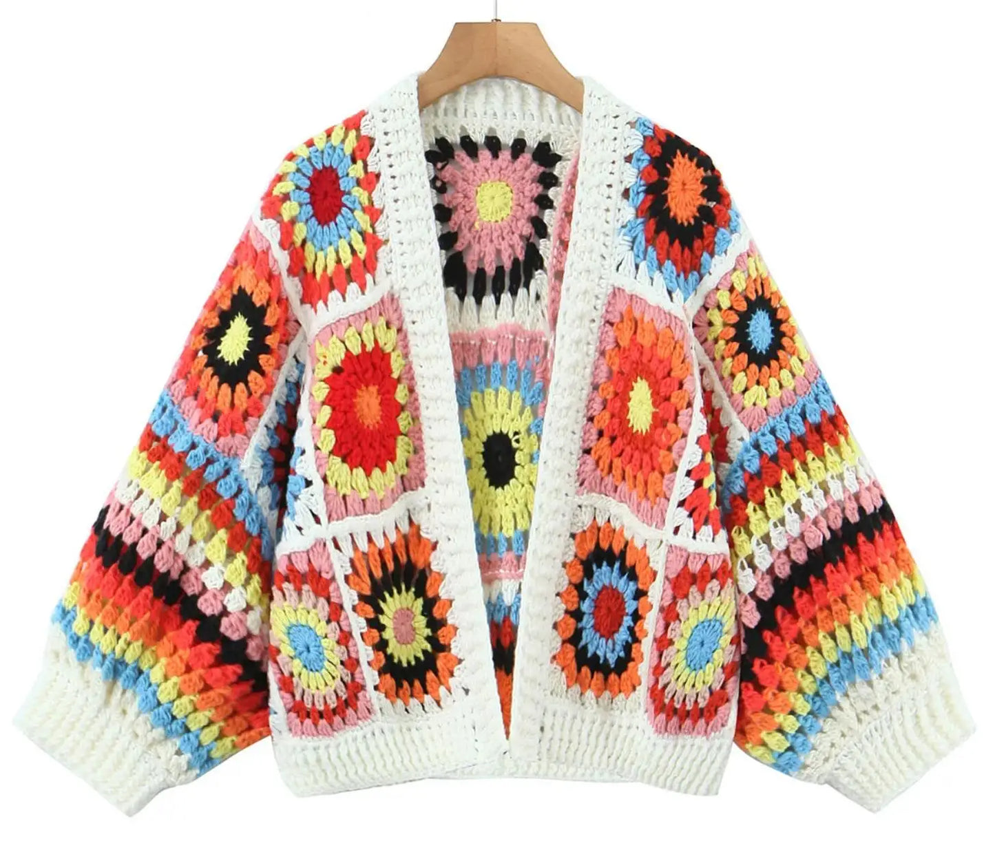 BOHO Geometric Plaid Hand Made Crochet Cardigan Woman V neck Long sleeve Sweater Open Stitching Knitwear Jumper Holiday