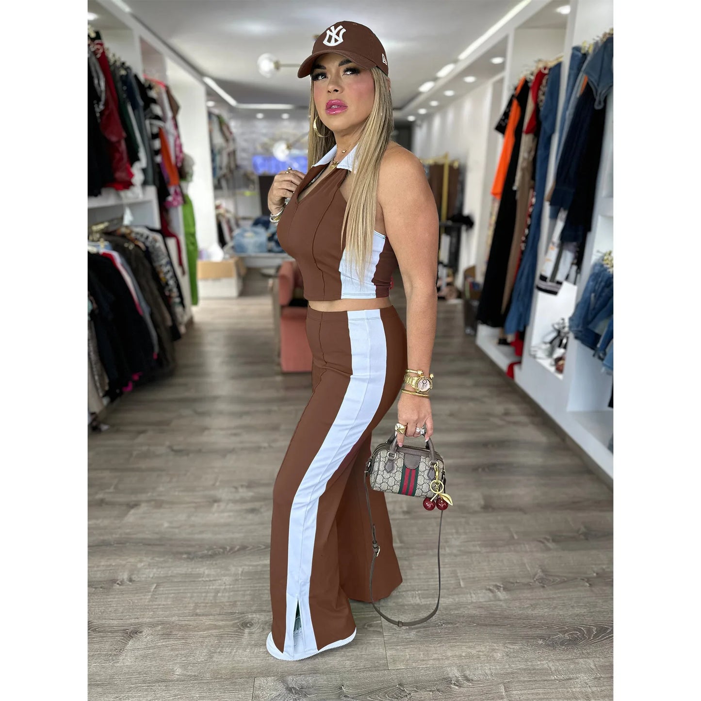 CM.YAYA Sporty Patchwork Women's Set Sleeveless Polo-tank Tops and Slit Flare Pants 2025 Active Two 2 Piece Set Outfit Tracksuit